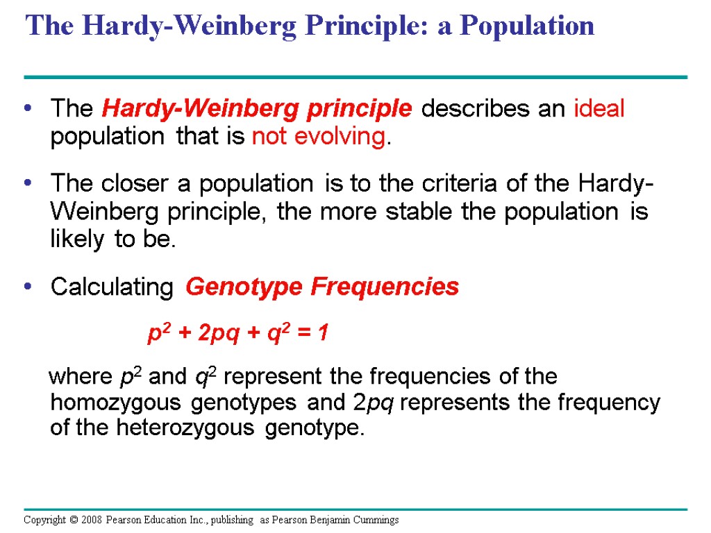 The Hardy-Weinberg Principle: a Population The Hardy-Weinberg principle describes an ideal population that is